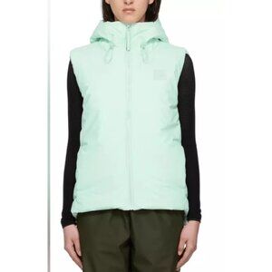 Rains Alta Waterproof Puffer Vest Sz Large Womens Green Sleeveless Hooded Zip Fr